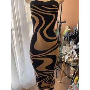 Trendy Threads Black Tan Swirl Abstract Strapless Bodycon Midi Knit Dress Medium